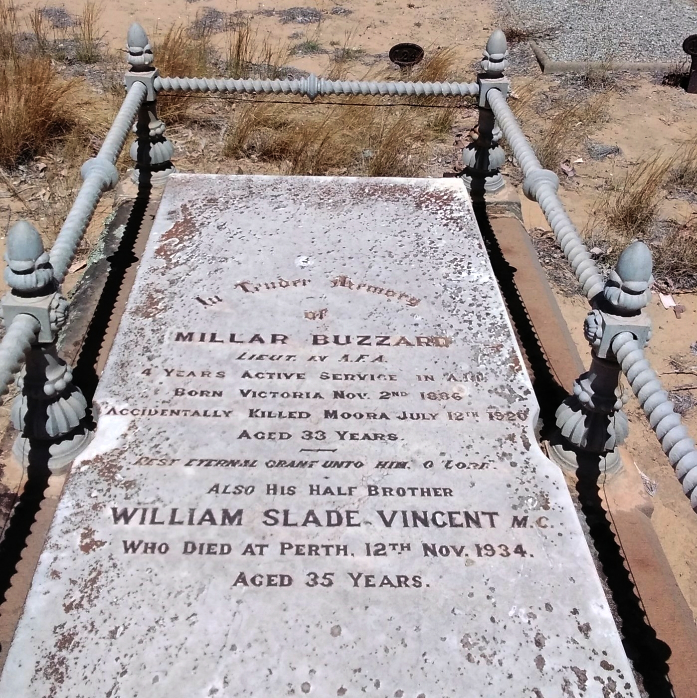 Millar Buzzard died at Moora on 12th July 1920, aged 33, and William Slade Vincent M.C. who died at Perth on 12th November 1934, aged 35.